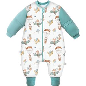Chilsuessy - Sacco nanna invernale con piedi e maniche lunghe rimovibili, pigiama in cotone biologico per bambini da 1 a 6 anni