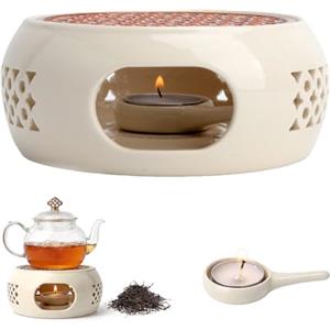TMZELOA Scaldatè in Porcellana Bianca 15 cm, Scaldavivande per Teiera con Piastra Metallica 11,8 cm e 10 Candeline Tealight, Scaldino Decorativo a Candela per Tè Caldo in Casa o in Ufficio