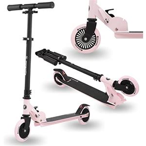 HyperMotion Monopattino Willy pieghevole per bambini 3-8 anni, manubrio regolabile in altezza, ruote in gomma, piattaforma antiscivolo, carico fino a 40 kg, nero/rosa