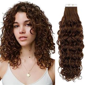 RUNATURE Extension Biadesive Capelli Veri Ricci Castano 55cm 20 Pezzi 50g Capelli Veri Invisibile #4-NW