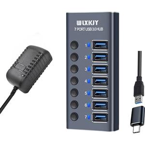 WLXKJY Hub USB 3.0 in alluminio, hub USB attivo - 7 porte USB 3.0 SuperSpeed, interruttori individuali e alimentatore da 36 W (12 V/3 A) per MacBook/MacBook Air/MacBook PRO