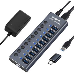 WLXKJY Hub USB 3.0 in alluminio, hub USB attivo - 10 porte USB 3.0 SuperSpeed, interruttori individuali e alimentatore da 72W (24V/3A) per MacBook/MacBook Air/MacBook PRO
