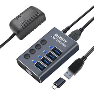 WLXKJY Hub USB 3.0 in alluminio, hub USB attivo - 4 porte USB 3.0 SuperSpeed, interruttori individuali e alimentatore da 36 W (12 V/3 A) per MacBook/MacBook Air/MacBook PRO