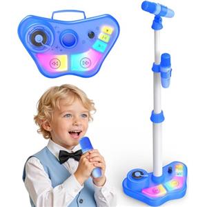 Dislocati Microfono per Bambini con Supporto e Altoparlante, Giocattolo Musicale con Luci LED, Microfono Regolabile da 47-108 cm, Regalo per Bambini 3+ Anni (Blu)