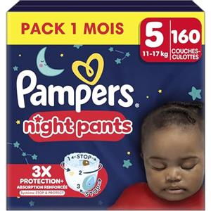 Pampers Night Pants, Taglia 5, 160 Pannolini Mutandine, 12-17 kg, Tenuta 360° contro le perdite con un cuore super assorbente per una protezione rafforzata per tutta la notte, confezione 1 mese