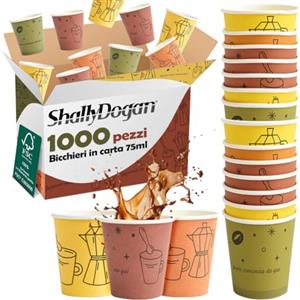 BAKAJI 1000 Bicchierini da Caffè Monouso Capacità 75 ml, Tazzina in Carta Usa e Getta per Hotel, B&B, Casa, Ideali per Feste ed Eventi, Tazze Resistenti Biodegradabili e Ecosostenibi (Moka)