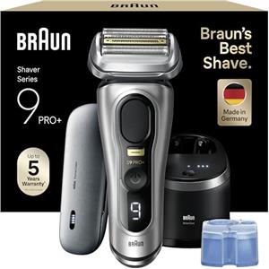 Braun Series 9 PRO +, Rasoio Elettrico Barba, Regolabarba Uomo, Rifinitore di precisione, con PowerCase, Lame Flessibili, SmartCare, Impermeabile, Batteria Litio Ion, Idea Regalo, 9577cc Argento
