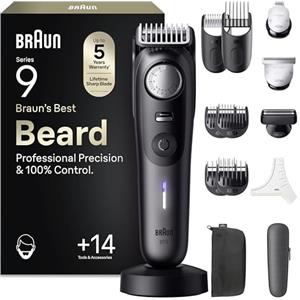 Braun Regolabarba Uomo Serie 9, +14 Strumenti Da Barbiere, Rasoio Elettrico Barba, Taglia Peli Naso, Lama ProBlade Affilata A Vita, 180 Min, Selettore Di Precisione, Impermeabile, BT9565, Titanio