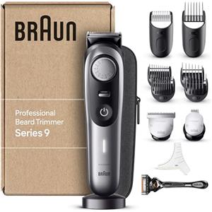 Braun Serie 9, Regolabarba Uomo, Rasoio Elettrico Barba con Lama Barba Problade e Strumenti Professionali, 40 Lunghezze, Base di Ricarica e Custodia Esclusiva, Bt9440 Grigio