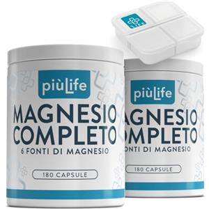 +LIFE Magnesio Completo PiùLife - 400mg per dose da 6 Fonti - con Magnesio Pidolato, Bisglicinato, Citrato e sali organici - Supporto a muscoli, sistema nervoso, ossa e rilassamento - 360 capsule
