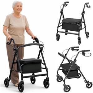 BAKAJI Deambulatore Richiudibile Salvaspazio con Seduta per Anziani, Disabili e Persone con Mobilità Ridotta, Walker con Maniglie Ergonomiche, Assistenza con Freni e Altezza Regolabile 75-84 cm