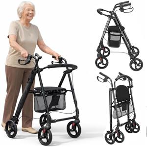 BAKAJI Deambulatore Richiudibile e Salvaspazio con Seduta e Sacco in Rete Portaoggetti, Walker Rollator Assistenza con Stand per Ombrello, Ideale per Anziani, Disabili e Persone con Mobilità Ridotta