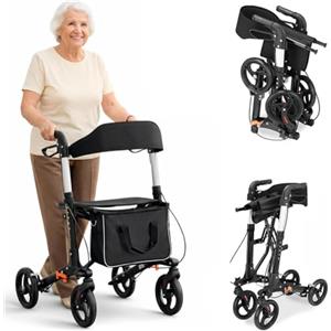 BAKAJI Deambulatore Richiudibile Salvaspazio con Seduta per Anziani, Disabili e Persone con Mobilità Ridotta, Walker con Borsetta e Maniglie Ergonomiche, Assistenza con Freni e Altezza Regolabile