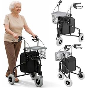 BAKAJI Deambulatore a 3 Ruote per Anziani, Disabili, Persone con Mobilità Ridotta, Walker Ergonomico con Freni e Carrello Portatutto, Borsa Portaoggetti con Zip, Struttura Rinforzata Capacità 136 kg