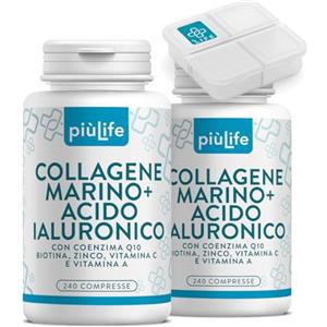 +LIFE Collagene Marino con Acido Ialuronico PiùLife - 2000 mg Collagene Idrolizzato Puro con Q10 e Antiossidanti - Integratore Pelle, Viso, Capelli per Idratazione ed Elasticità profonda - 480 compresse