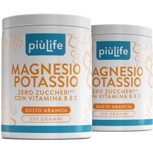 +LIFE Magnesio e Potassio Senza Zucchero 600g Arancia PiùLife - con B12, B6, B1, Acido Folico, C - Contro Stanchezza e Affaticamento, Supporto Muscoli e Sistema Nervoso - Magnesio in Polvere