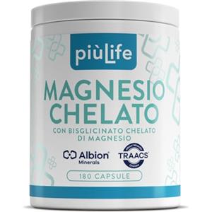 +LIFE Magnesio Chelato PiùLife - 450 mg Bisglicinato di Magnesio Albion TRAACS con Vitamine B6, B1 e B5 - Funzione Muscolare, Sistema Nervoso e Contrasta Stanchezza e Affaticamento - 180 Capsule