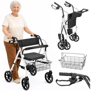 BAKAJI Deambulatore Rollator con Sedile, Ausilio Camminata per Anziani con Ruote e Freni, Disabili e Persone con Mobilità Ridotta, Struttura Ultraleggera e Pieghevole con Altezza Regolabile