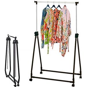 BAKAJI Stand Appendiabiti Singolo Pieghevole Regolabile in Acciaio e Plastica Dura, Aste Telescopiche, Facile da Montare con 4 Ruote, Esposizione Negozio, Appendi Abiti Professionale (Nero)