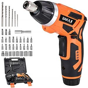 Bakaji Trapano Avvitatore Cacciavite Elettrico 3.7V 1.300mAh Batteria Ricaricabile 3,5Nm 200rpm Mandrino Magnetico Testa Girevole a 90° Luce a Led Manico con Torcia 38 Punte e Valigetta