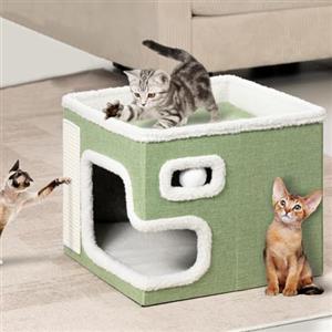 BAKAJI Cuccia per Gatti pieghevole con Grande Ingresso, Casetta Rifugio per Animali Domestici, Tiragraffi in Poliestere Caldo e Imbottito, Cuccetta Graffiatoio Base Antiscivolo 42x42x33 cm (Verde)