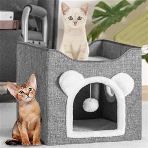 BAKAJI Cuccia per Gatti Grigio con Ingresso ad Arco, Casetta 40 x 40 x 38 cm, Tiragraffi per Animali Domestici in Poliestere Caldo e Imbottito, Cuccetta Graffiatoio, 2 Ripiani con Base Antiscivolo