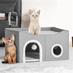 BAKAJI Cuccia per Gatti Pieghevole Grigio con Doppio Ingresso, Casetta Rifugio Animali Domestici, Tiragraffi in Poliestere Imbottito, Cuccetta Letto Graffiatoio con Base Antiscivolo 61 x 41 x 33.5cm