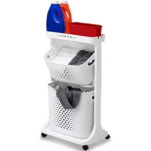 Shally Dogan Carrello Portabiancheria con ruote, 2 Ripiani Multifunzione, Carrellino Salvaspazio, completo di Cesta Biancheria estraibile, Cestello Basculante, Ripiano portaoggetti superiore (Bianco)