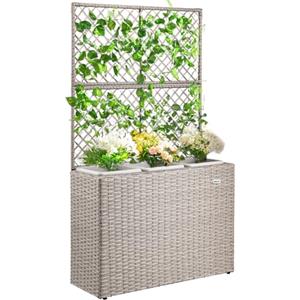 BAKAJI Fioriera da esterno con spalliera in polyrattan, 3 Vasi Removibili Contenitori per Piante, Traliccio da Esterno con grigliato ideale x Giardino, Balcone, Terrazzo, Pianta Rampicante (Crema)