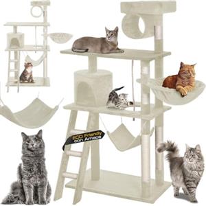 Bakaji Albero Tiragraffi per Gatti in Sisal e Peluche Parco Giochi Gatto con Cuccia Sospesa Nascondigli Pali Graffiatoio e Piattaforme Dimensioni 142 x 74,5 x 40 cm (Beige)