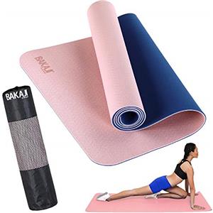 BAKAJI Tappetino Yoga in TPE Ecologioco Doppio Strato Antiscivolo Alta Densità Materassino Tappeto Allenamento Fitness Aerobica Palestra Dimensione 180 x 61 cm con Custodia (Rosa/Blu Scuro)