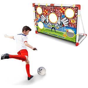 BAKAJI Porta da Calcio Giocattolo per Allenamento Sport Bambini con Pallone, Gioco Football per Esterno con Fori di Punteggio per Allenare i Rigori, Giochi Sportivi da Giardino, Struttura in Plastica