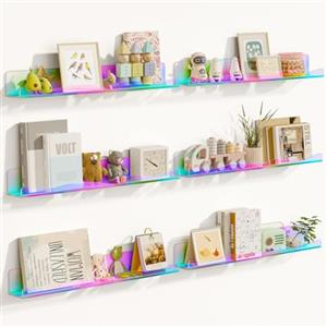 BAKAJI Set 6 Mensole in Acrilico da Parete Design Moderno, Scaffalatura a Muro Multiuso, Scaffale Organizer Camera da Letto, Soggiorno, Cucina, Bagno, Libreria Salvaspazio 38x5x4.8cm (Multicolor)