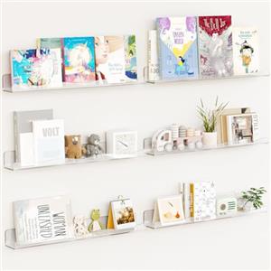 BAKAJI Set 6 Mensole in Acrilico da Parete Design Moderno, Scaffalatura a Muro Multiuso, Scaffale Organizer Camera da Letto, Soggiorno, Cucina, Bagno, Libreria Salvaspazio 38x5x4.8cm (Trasparente)