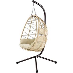 BAKAJI Poltrona Sospesa da Giardino Sedia Dondolo Amaca Pensile da Esterno Struttura Metallo Nido in Rattan e Corda + Cuscino Seduta Imbottito e Poggiatesta Design Moderno 198 x 110 x 95 cm (Beige)