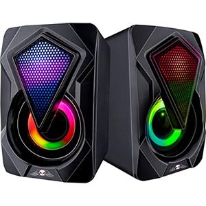 BAKAJI Set 2 Casse Speacker da Gaming per Pc con Luce LED RGB, Connessione USB 2.0, Connettività Bluetooth/Aux, Jack 3.5 mm, Coppia di Altoparlanti da Gioco, Suono Immersivo, Cavo 1,5 Metri, 12 W