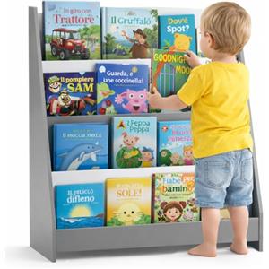 BAKAJI Libreria Montessoriana per Bambini in Legno, Portariviste Multiripiano Salvaspazio per Cameretta, Scaffalatura Organizer Espositore Porta Libri, Riviste, Giochi (Grigio)