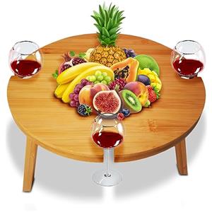 BAKAJI Tavolino da Aperitivo in Legno Bambù, Tavolo da Campeggio Portatile con Gambe Pieghevoli, Vassoio Salvaspazio con 4 Spazi Portabicchieri, Ideale per Camping, Esterno, Picnic, Giardino, Spiaggia