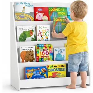 BAKAJI Libreria Montessoriana per Bambini in Legno, Portariviste Multiripiano Salvaspazio per Cameretta, Scaffalatura Organizer Espositore Porta Libri, Riviste, Giochi (Bianco)