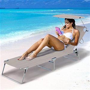 BAKAJI Lettino Prendisole con Tettuccio Parasole Sdraio Pieghevole Salvaspazio, Schienale Regolabile, Struttura in Alluminio e Tessuto in Textilene per Mare Spiaggia Piscina Relax (Grigio)