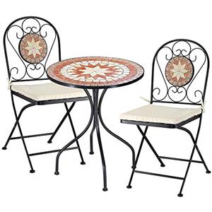 BAKAJI Set Tavolo 60 x 70 cm + 2 Sedie Pieghevoli con Decorazione Mosaico, Tavolino Resistente Salvaspazio per Arredo Esterno, Giardino, Terrazzo, Struttura in Metallo Colore Nero (Design 3)