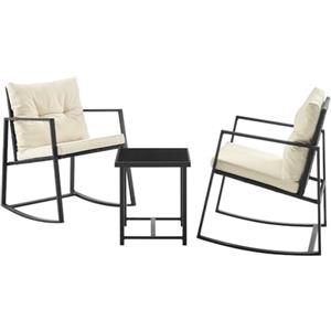 Shally Dogan Set Tavolo e 2 Poltrone a Dondolo per Giardino in Polyrattan e Cuscini ad Alta Densità, Salotto da Esterno, Salottino per Bar, Ristorante, Patio, Balcone, Bistrot, Terrazzo