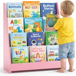 BAKAJI Libreria Montessoriana per Bambini in Legno, Portariviste Multiripiano Salvaspazio per Cameretta, Scaffalatura Organizer Espositore Porta Libri, Riviste, Giochi (Rosa)