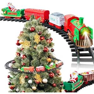 BAKAJI Trenino Natalizio con Supporto per Montaggio al Centro Albero, Treno Elettrico con 3 Vagoni, Locomotiva con Luci e Decorazioni di Natale, Addobbo Gioco con Decorazione Natalizia, Diametro 89 cm