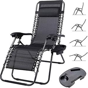 BAKAJI Sedia gravità Zero Sdraio da Giardino Poltrona Relax Pieghevole Salvaspazio con Vassoio Tubolari Acciaio 22mm Reclinabile Tessuto in Texilene Traspirante Terrazzo Piscina Esterno (Nero)