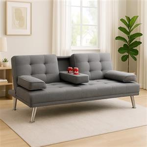 Shally Dogan Divano Letto Apertura Click Clack con Rivestimento in Tessuto, Divanoletto 2 in 1 Sistema Clic Clac, Struttura Legno e Gambe Metallo Cromato, Design Moderno per Soggiorno (Grigio)