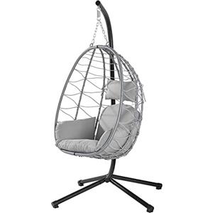 BAKAJI Poltrona Sospesa da Giardino Sedia Dondolo Amaca Pensile da Esterno Struttura Metallo Nido in Rattan e Corda + Cuscino Seduta Imbottito e Poggiatesta Design Moderno 198 x 110 x 95 cm (Grigio)