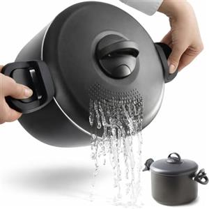 BAKAJI Pentola Scolì da 22 cm con Scolapasta Integrato, Coperchio Autobloccante, Manici Mobili ed Ergonomici, Antiaderente in Alluminio, Colore Grigio, Ideale per Pasta e Spaghetti