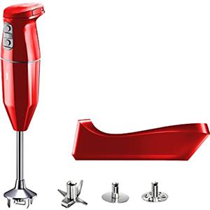 bamix Frullatore a immersione cordless PLUS, Base di ricarica, Lama, Frusta, Frullino in acciaio, 250 watt, 3 velocità, Made in Switzerland, Rosso