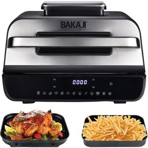 BAKAJI Friggitrice ad Aria e Grill Bistecchiera XXL Combi 6 L, Air Fryer Multifunzione con Piastra Griglia per Cuocere, Arrostire, Grigliare, BBQ, 6 Livelli di Cottura, Sonda Temperatura, 1800W